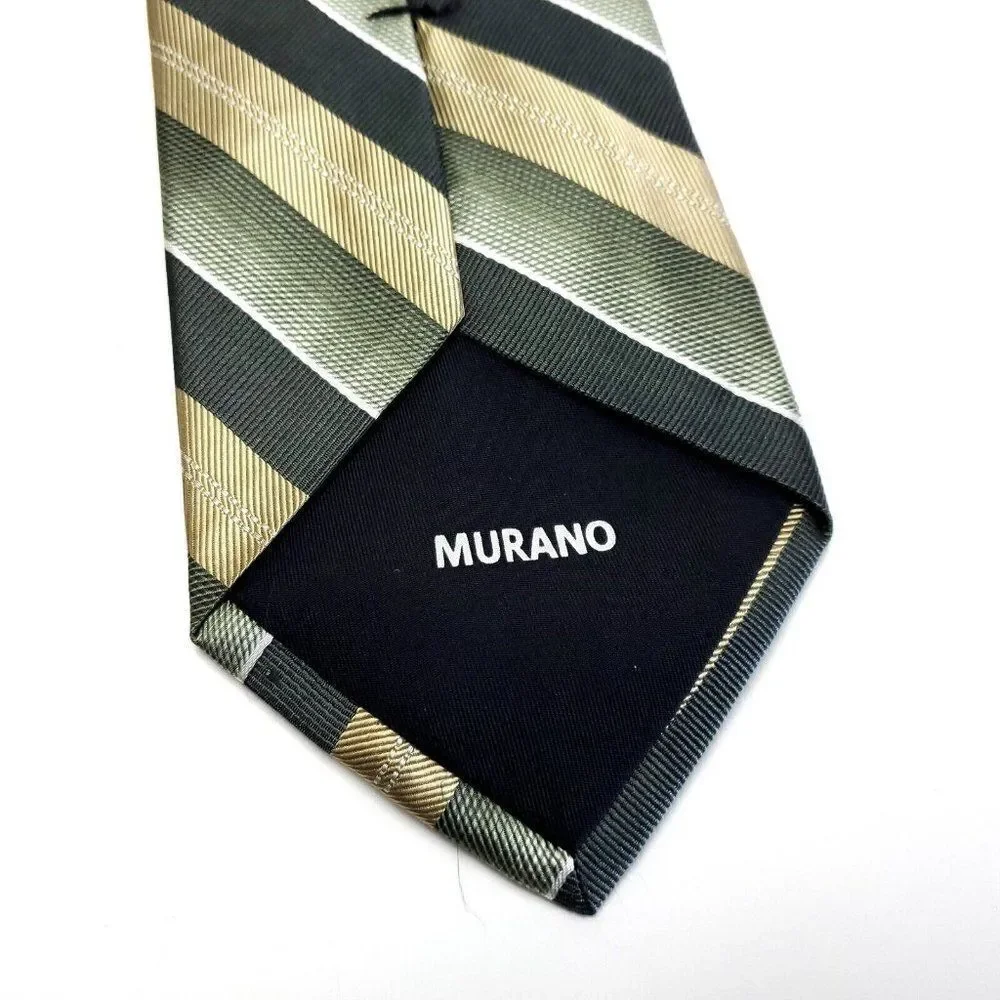 Murano Woven Green Tan Striped Long Silk Tie‎